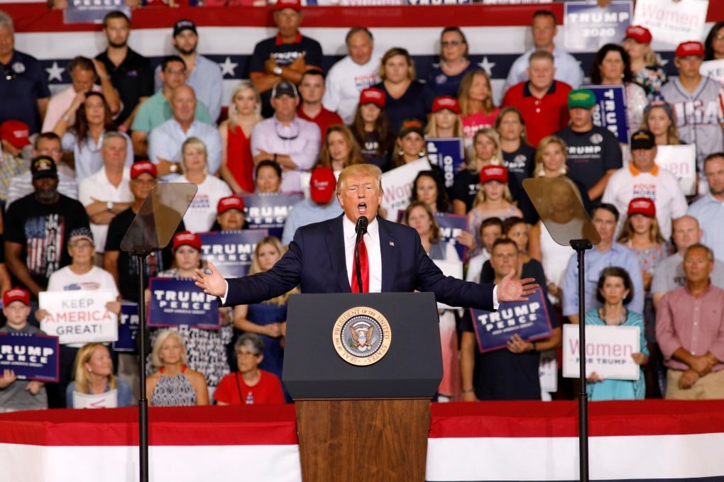 Workers at Fuyang Jiahao, a small factory in Fuyang city about 600km north of Shanghai, are busy producing flags with slogans including “Trump 2020” and “Keep America Great”. Photo: Reuters