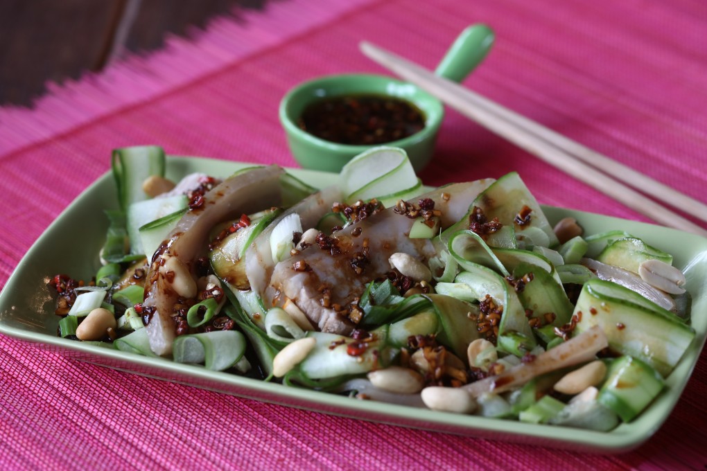Susan Jung’s Sichuan-style pork belly with shaved cucumbers and chilli sauce. Photography: Jonathan Wong.