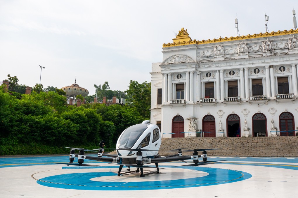 An Ehang flying passenger drone at its test centre in Guangzhou, China, 2019. Photo: SCMP/Chris Chang