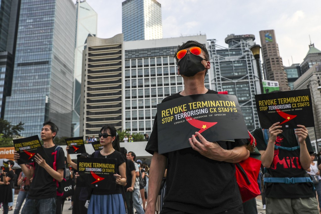 Demonstrators in Central on Wednesday demanding reinstatement of Cathay Pacific employees who have lost their jobs after taking part in the Hong Kong protests. Photo: Sam Tsang