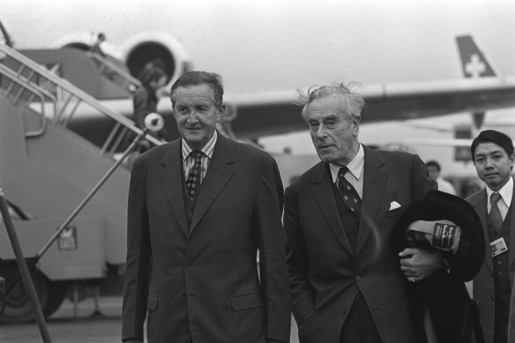 Governor Sir Murray MacLehose (left) greets Lord Louis Mountbatten as he arrives at Kai Tak Airport. Photo: C. Y. Yu
