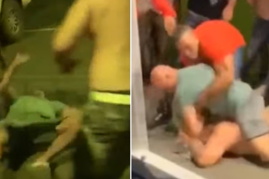 BJ Penn lies on the street after being knocked out (left). Later, the UFC legend finds the same man and rains punches down on his head. Photos: YouTube/TMZ Sports