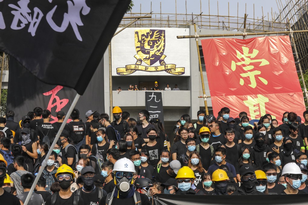 Chinese University students express solidarity with the protests of the past 12 weeks and rally support for a class boycott at the start of term, at the Sha Tin campus on August 28. Photo: Dickson Lee