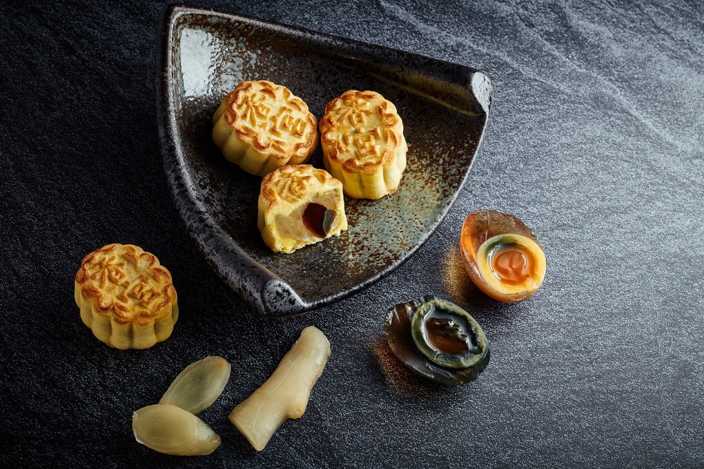 This year Shang Palace in the Kowloon Shangri-La hotel has made a mooncake using the savoury preserved duck eggs encased in a mooncake pastry crust with pickled ginger. Photo: Shang Palace at Kowloon Shangri-La