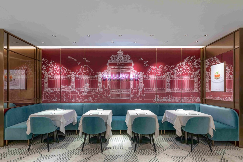 The baby blues and soft reds in Dalloyau’s Central restaurant are a nod to its French history.