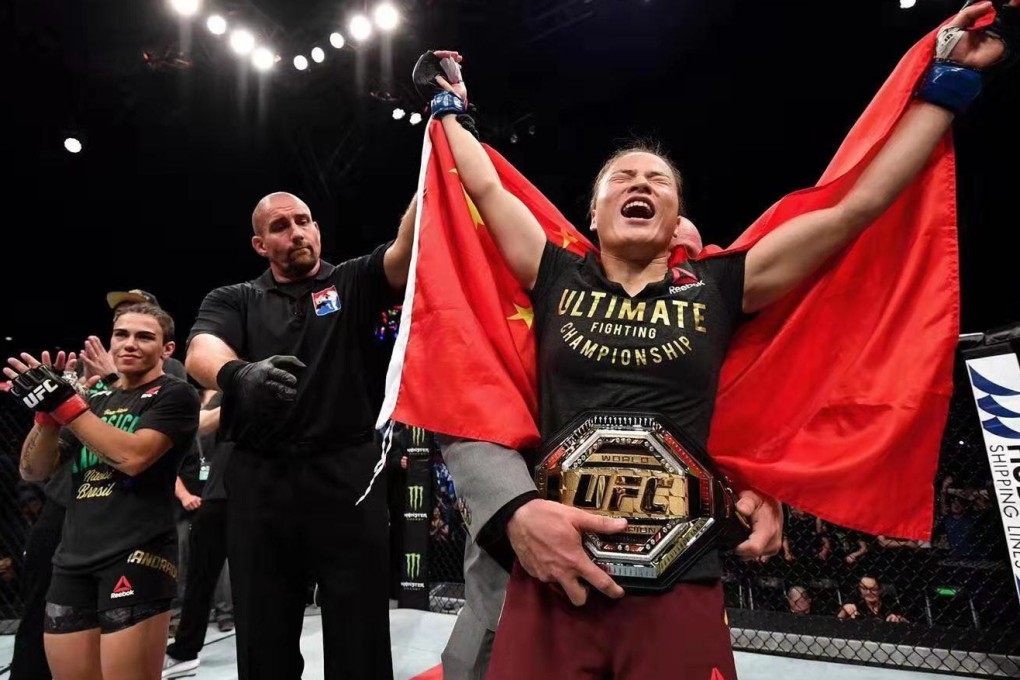 Zhang Weili celebrates her win against Jessica Andrade in Shenzhen. Photos: Brandon Magnus/Zuffa