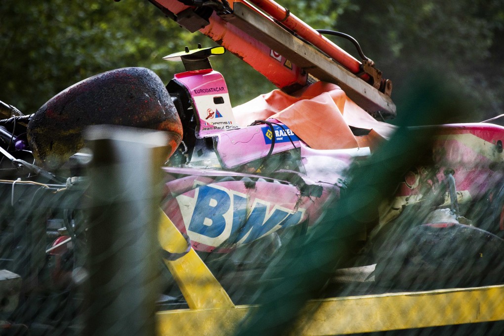 The wreckage of Anthoine Hubert’s car. Photo: EPA