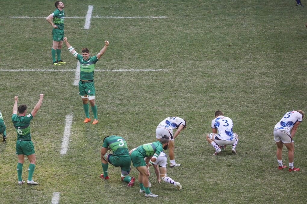 Ireland players celebrate qualifying for the World Series after their victory over Hong Kong in the final. Photo: SCMP / Benjamin Sieur