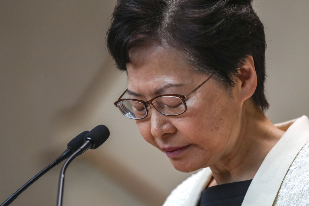 In an audio taping provided by Reuters, Hong Kong Chief Executive Carrie Lam seems to acknowledge the “unforgivable havoc” she has caused. “If I have a choice,” she was heard saying, “the first thing is to quit, having made a deep apology”. Photo: Robert Ng