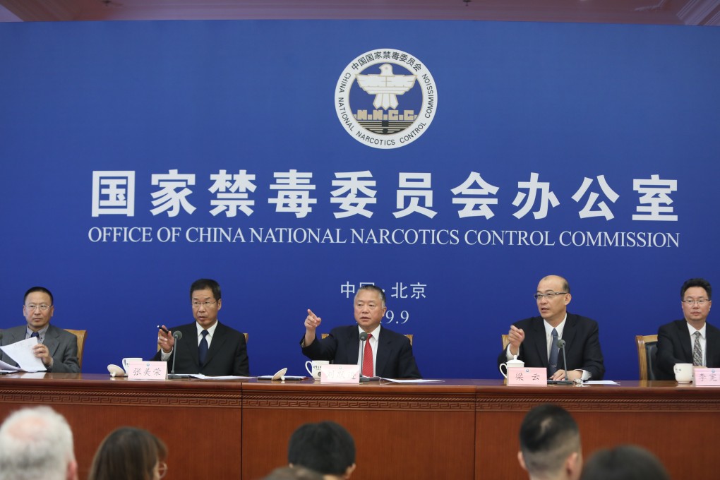 Liu Yuejin, deputy of China’s drugs control commission (centre), hits back at accusations from the United States on Tuesday. Photo: Simon Song