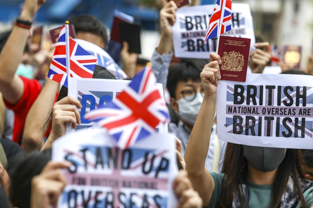 Hundreds of activists march to the British consulate in Hong Kong, urging the British government to grant full citizenship to British National (Overseas) passport holders. Photo: Nora Tam