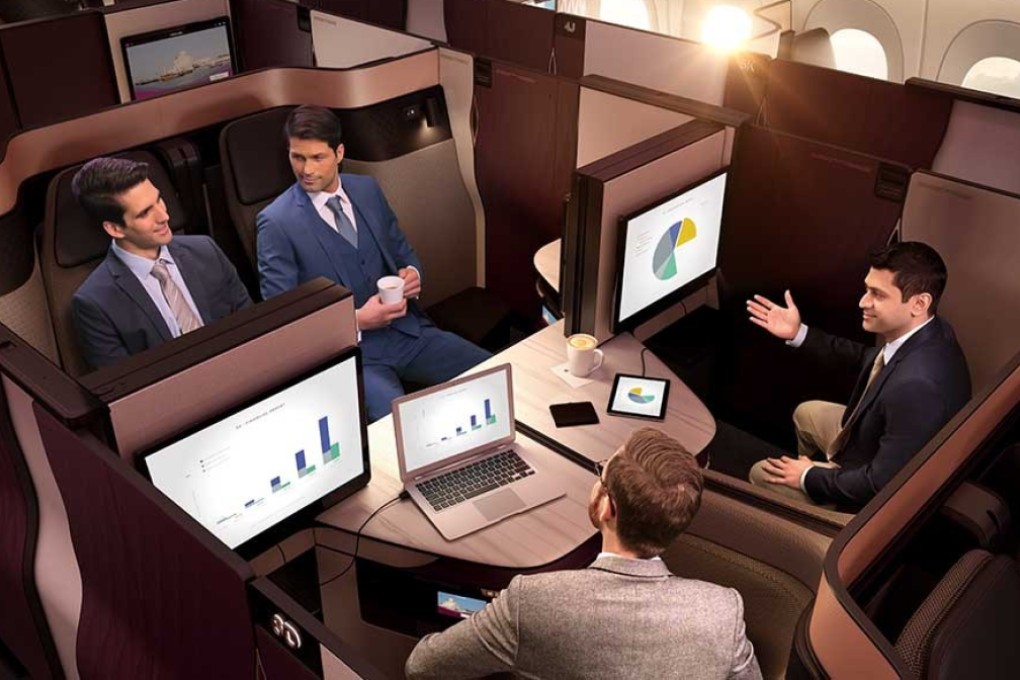 Qatar Airways’ Qsuite suite has a bespoke design with first class-style sliding doors. Photo: Qatar Airways