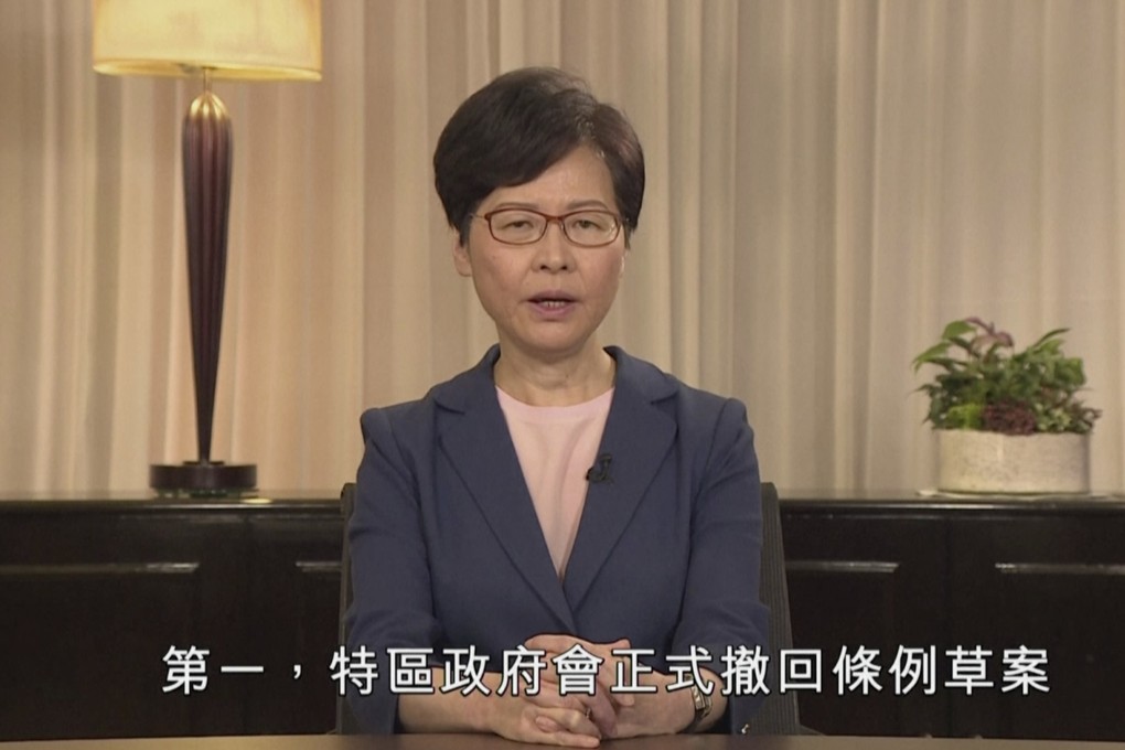 Carrie Lam speaks in the television message on Wednesday announcing that the government will formally withdraw an extradition bill and set up an IPCC inquiry into police actions during the protests. Photo: AP
