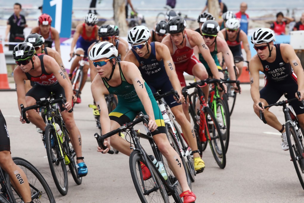 Participants compete in the men’s 2018 Hong Kong ASTC Sprint Triathlon Asian Cup at Sunny Bay in 2018. This year’s event has been cancelled because of uncertainty around the protests. Photo: Jonathon Wong
