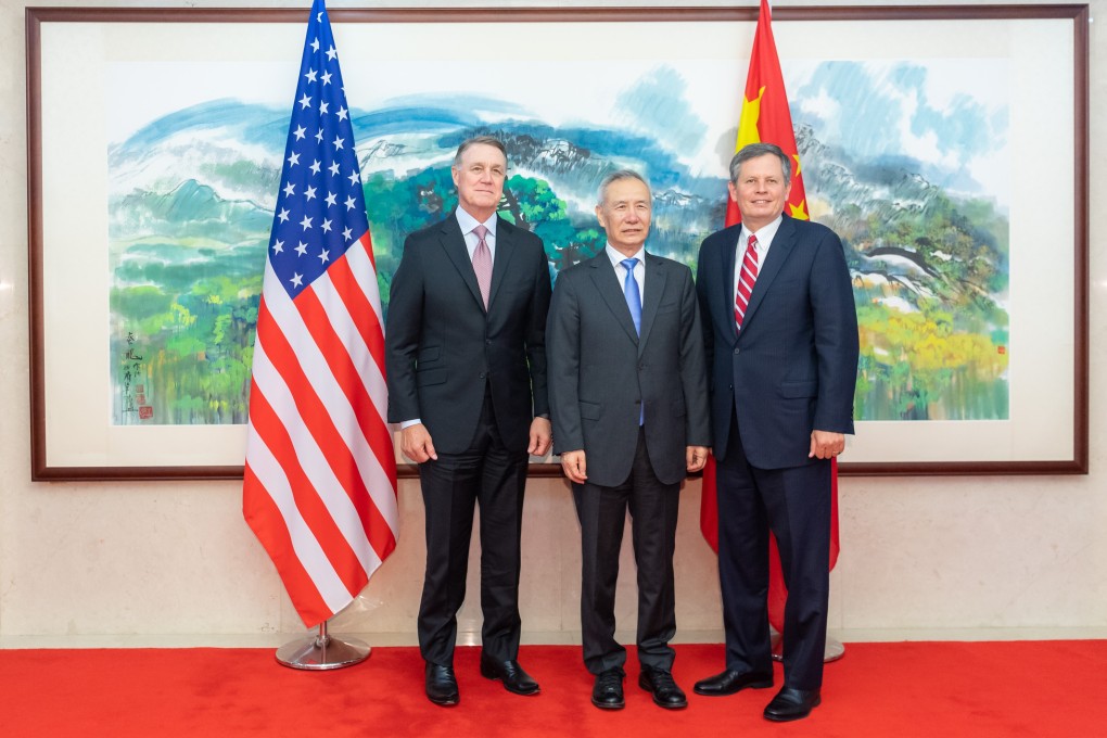 Chinese Vice-Premier Liu He (centre) meets US Senators David Perdue (left) and Steve Daines on Tuesday. Photo: Xinhua