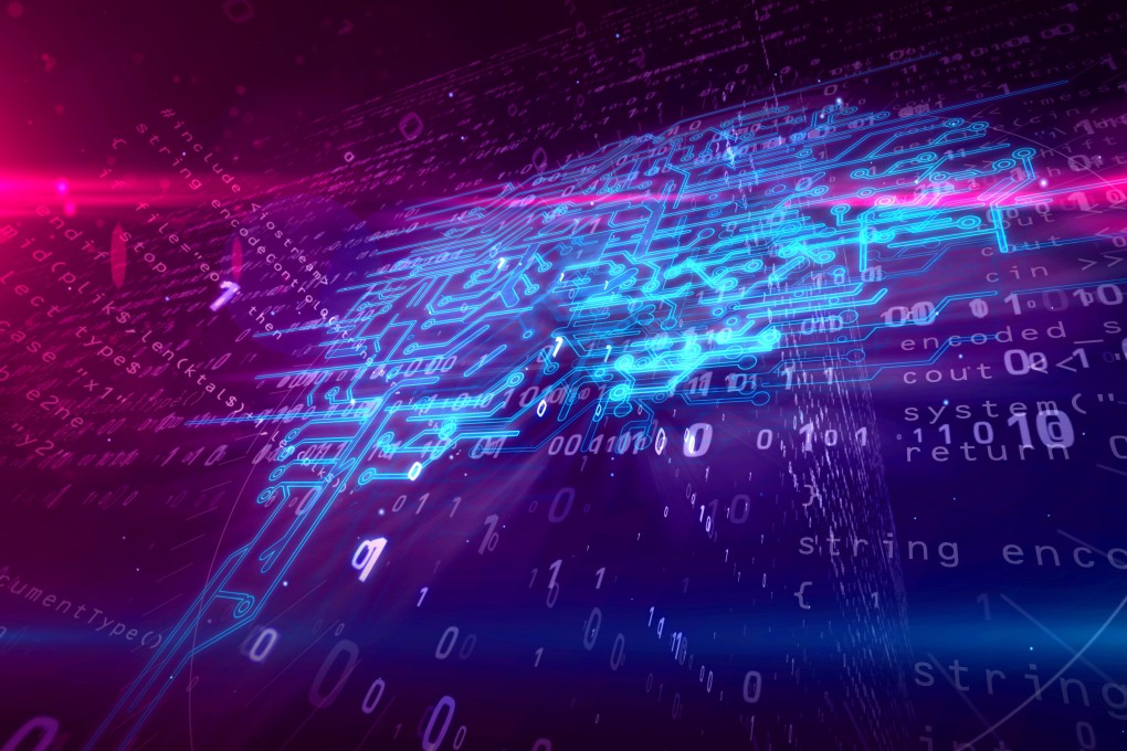 RNG74Y Cybernetic brain, deep machine learning and artificial intelligence concept 3D illustration. Working cyber mind on dynamic digital 3D background.