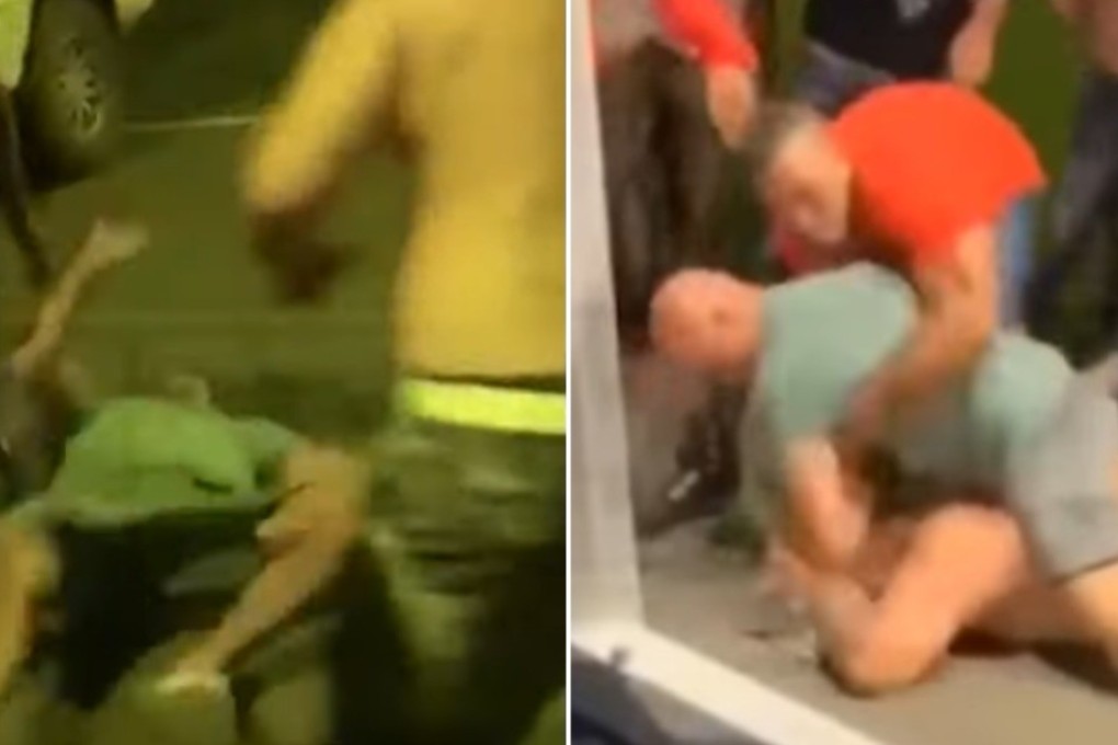 BJ Penn lies on the floor after being knocked out (left). Later, he finds the same man and rains punches down on his head. Photos: YouTube/TMZ Sports