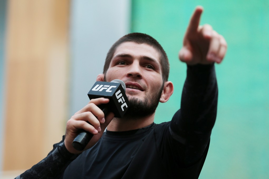 Khabib Nurmagomedov speaks to the fans at his open workout in Abu Dhabi. Photo: Reuters