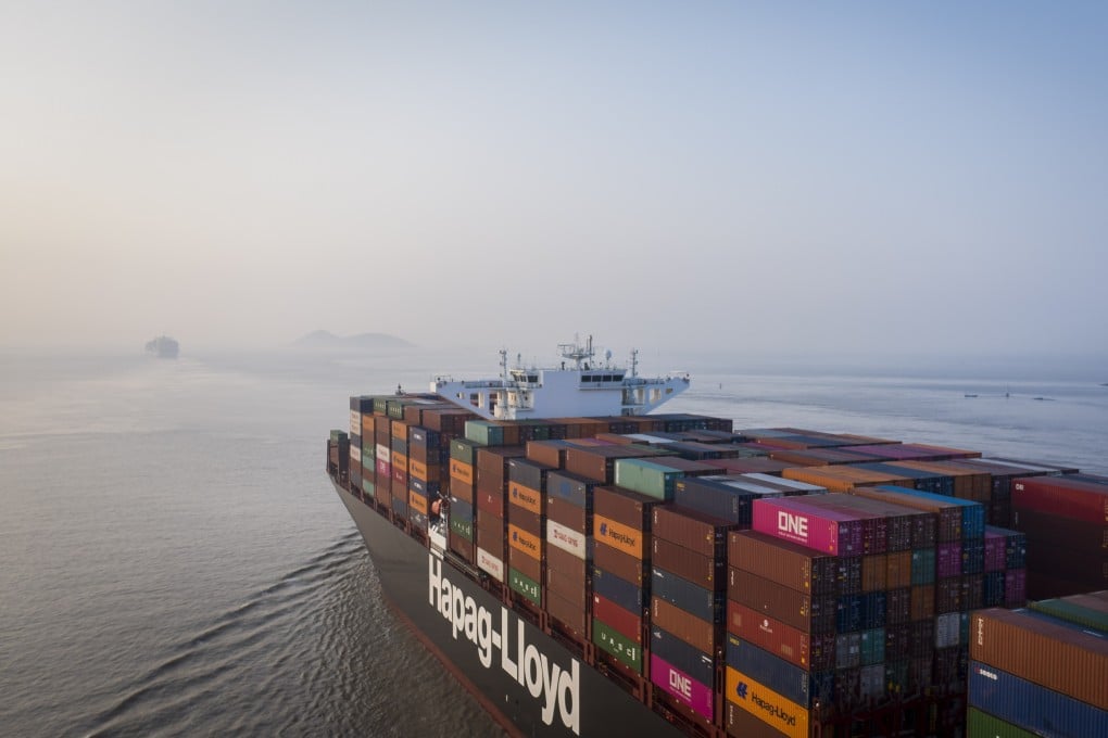 The Hapag-Lloyd AG Leverkusen Express sails out of the Yangshan Deepwater Port, operated by Shanghai International Port Group, on August. 7, 2019. Photo: Bloomberg