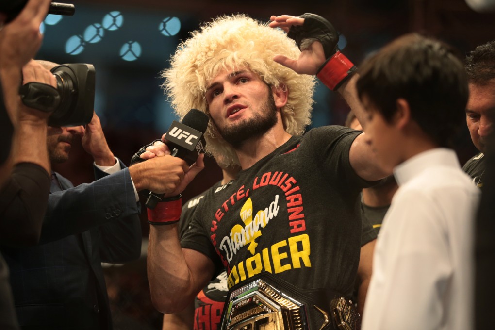 Khabib Nurmagomedov speaks in the Octagon after winning his fight against Dustin Poirier. Photo: Reuters