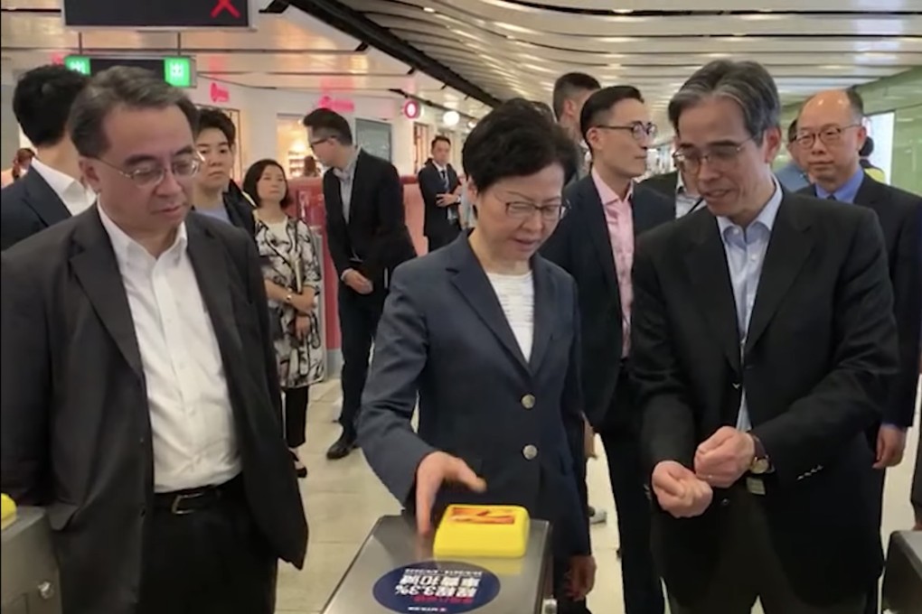 Carrie Lam, Hong Kong's chief executive, visits the Central MTR subway station after anti-government protesters vandalised it on Sunday. Photo: RTHK