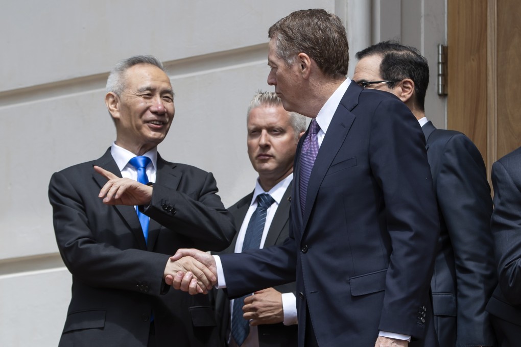 China Vice-Premier Liu He says goodbye to US Trade Representative Robert Lighthizer after trade talks between the two countries in Washington on May 10. The two countries’ representatives have displayed rapport in public and talks are ongoing but it appears that the two sides’ positions are hardening. Photo: EPA-EFE