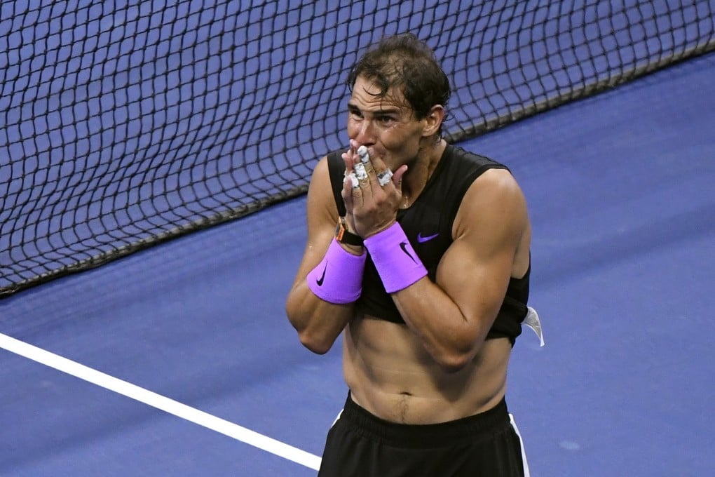 Rafael Nadal celebrates wining match point against Daniil Medvedev in the US Open final. Photo: USA Today