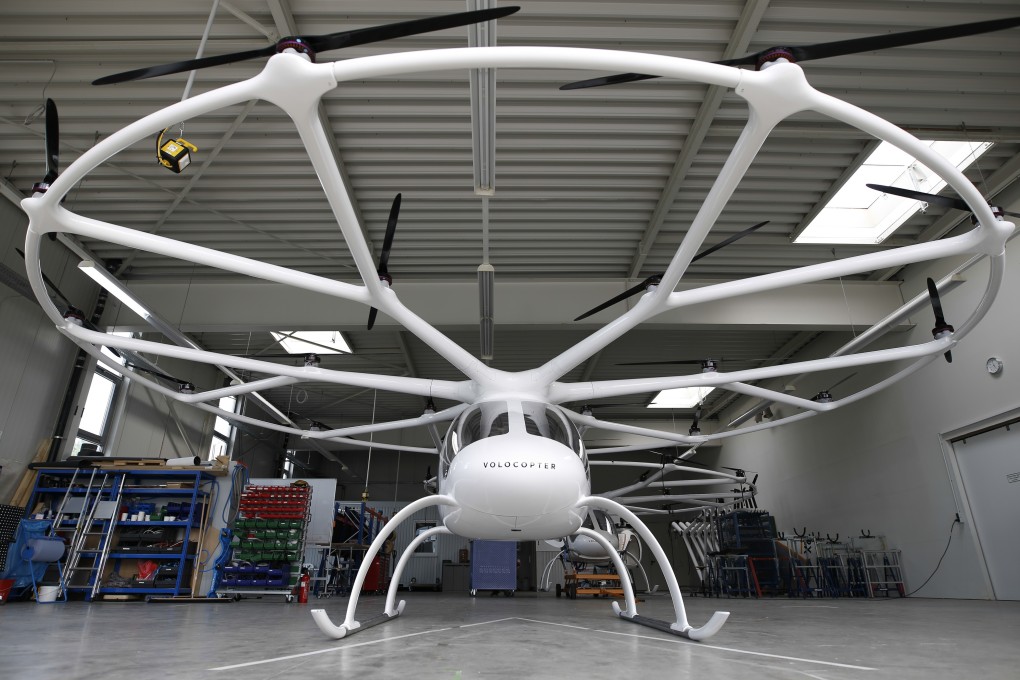 A Volocopter 2X multirotor electric helicopter stands in a hangar at Volocopter’s headquarters in Bruchsal, Germany. Photo: Bloomberg