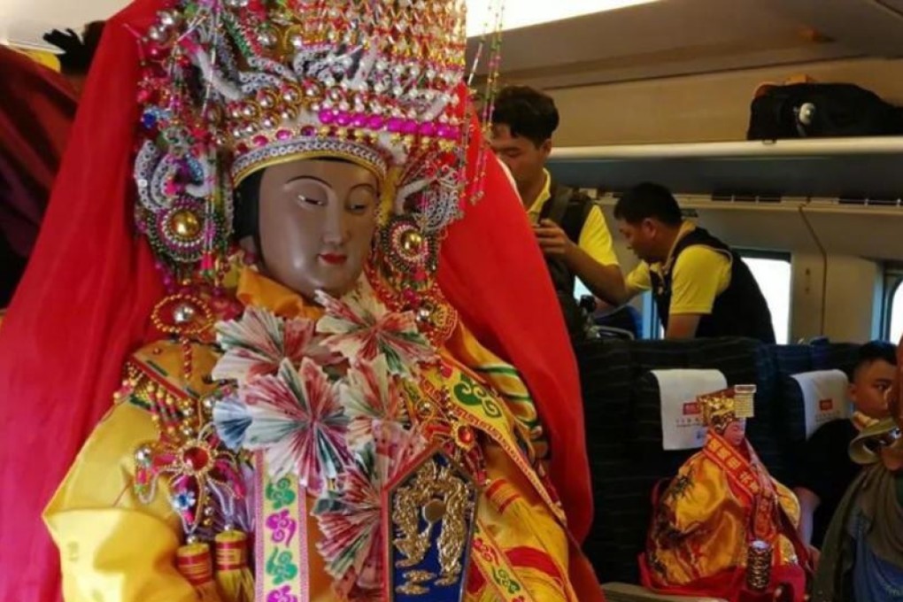 The statue of Chinese sea goddess Mazu on board the train for her seven-day tour of eastern China. Photo: Weibo