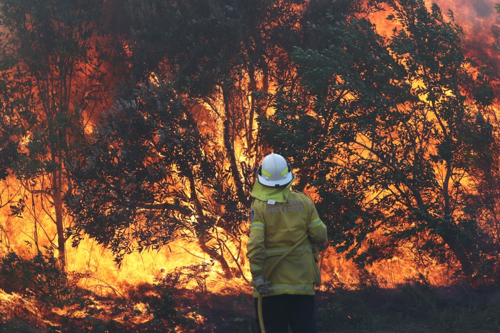 A firefighter battles the flames during a large bush fire in northern New South Wales on Tuesday. Photo: DPA