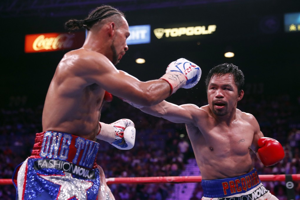 Manny Pacquiao throws a right against Keith Thurman during their WBA super welterweight title fight in July. Photo: AFP