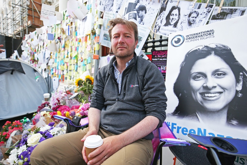 Richard Ratcliffe, the husband of detained Nazanin Zaghari Ratcliffe, sits outside the Iranian Embassy in Knightsbridge. File photo: DPA