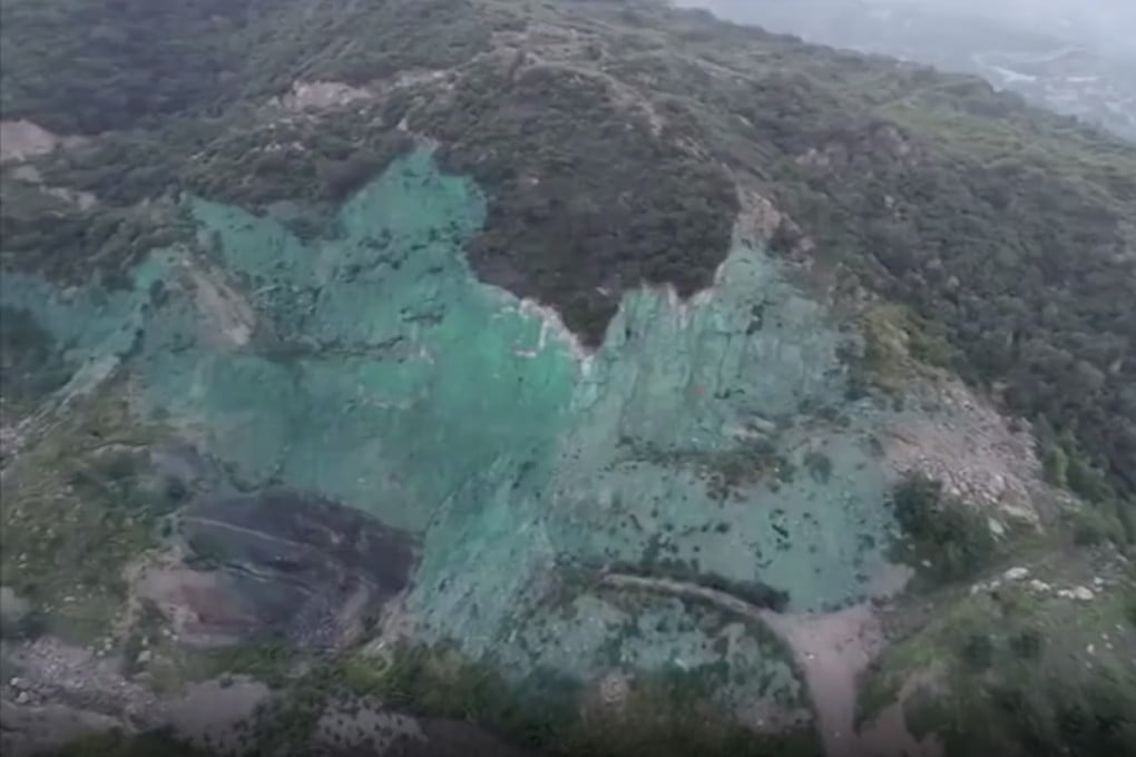 Authorities in Sanmenxia, Henan province, are investigating a mining company that painted a series of hillsides green after it stripped the area of vegetation. Photo: Miaopai