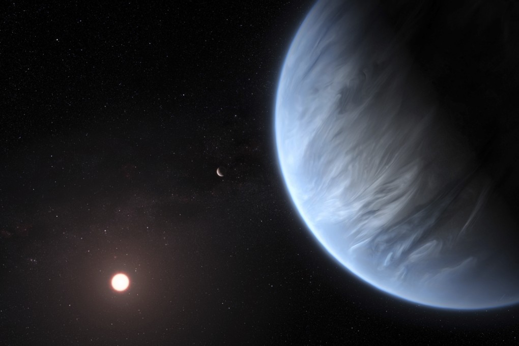 This artist’s rendering provided by University College London Centre for Space Exochemistry Data researchers shows exoplanet K2-18b (foreground), its host star and an accompanying planet in this system. Photo: ESA/Hubble via AP
