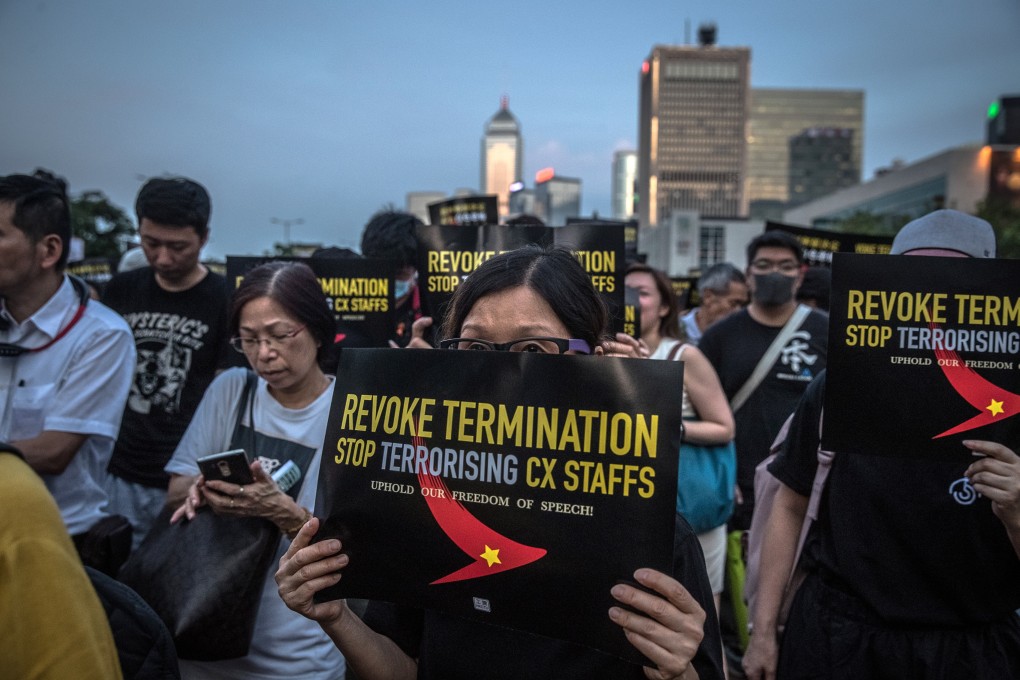 Protesters gather in Central on August 28 to denounce recent firings at Cathay Pacific. Photo: EPA-EFE