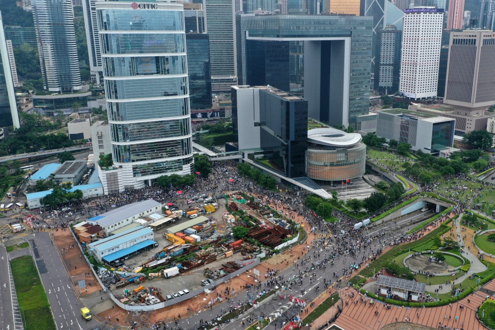Aerial footage of extradition bill protesters gathering outside the Legislative Council complex. Photo: Martin Chan