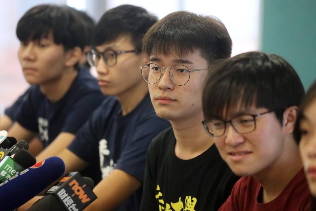 Davin Kenneth Wong (centre), attends a press conference at the University of Hong Kong about students going on strike on September 2. Photo: K.Y. Cheng