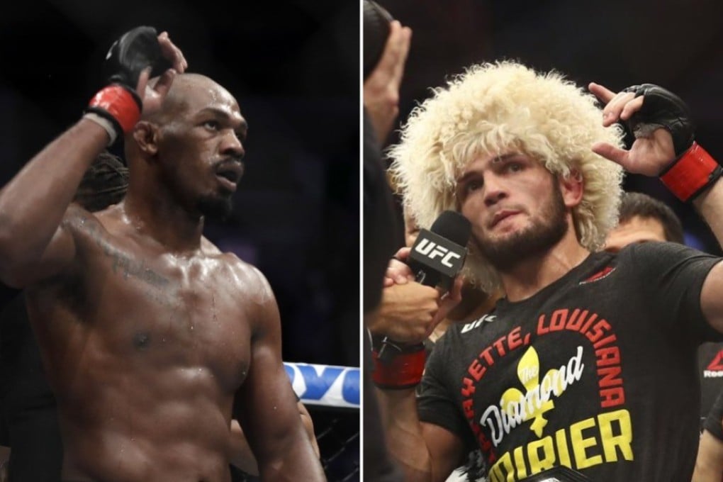 Jon Jones (left) celebrates beating Anthony Smith. Khabib Nurmagomedov (right) celebrates beating Dustin Poirier. Photos: AFP/AP