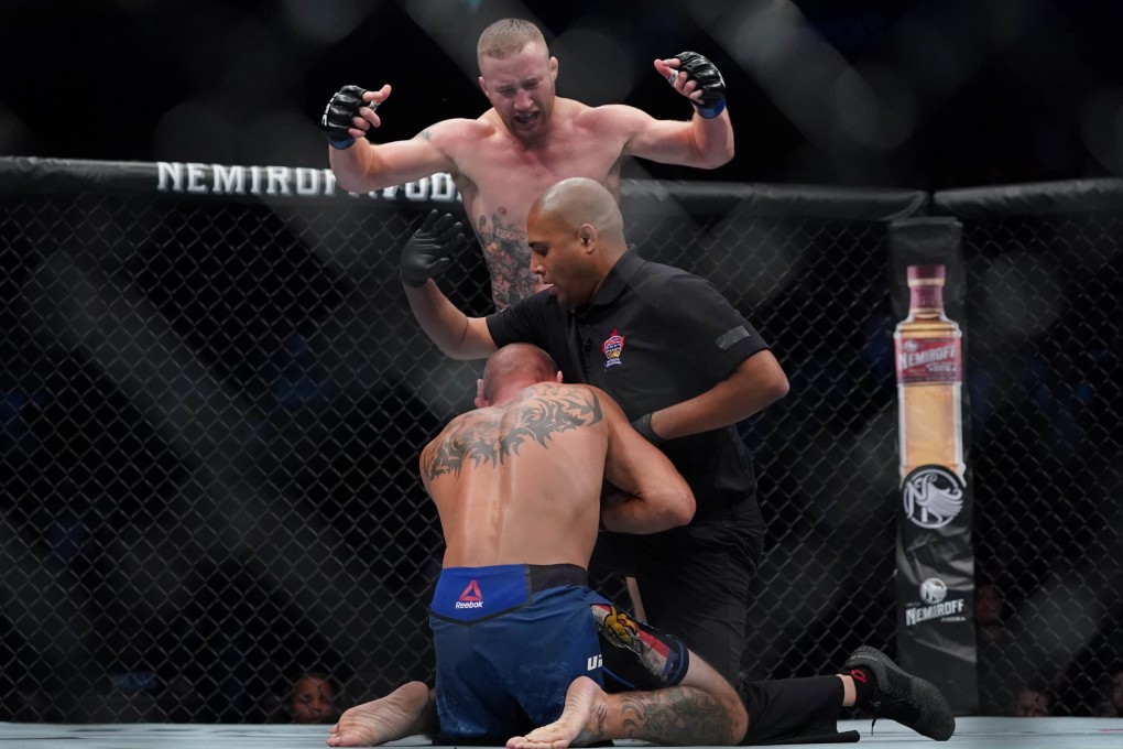 Justin Gaethje shouts at the referee to stop the fight against Donald Cerrone. Photos: USA TODAY Sports