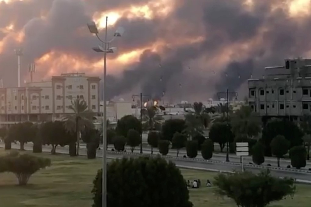 Smoke is seen following a fire at an Aramco factory in Abqaiq, Saudi Arabia, in this image obtained from social media. Photo: Reuters