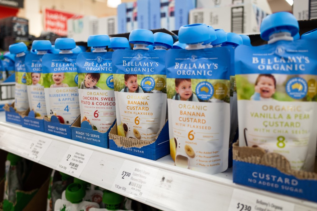 Bellamy's baby food packages in different flavours on supermarket shelf. Photo: Shutterstock