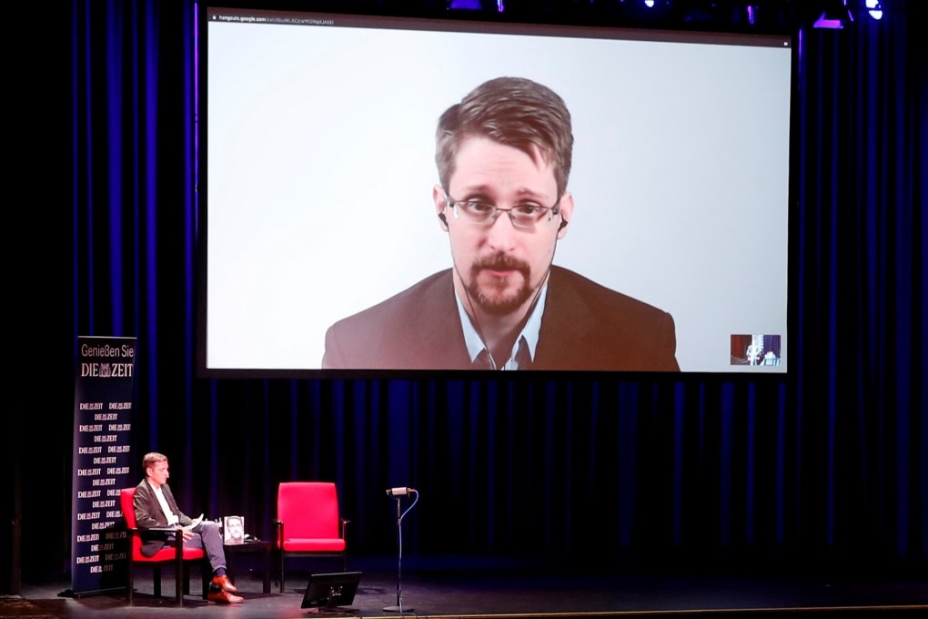 Edward Snowden speaks via video link as he takes part in a discussion about his new memoir with German journalist Holger Stark in Berlin, Germany, on Tuesday. Photo: Reuters