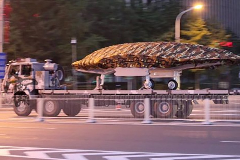 The Sharp Sword stealth drone is seen at the National Day military parade rehearsal in Beijing on Saturday. Photo: Handout