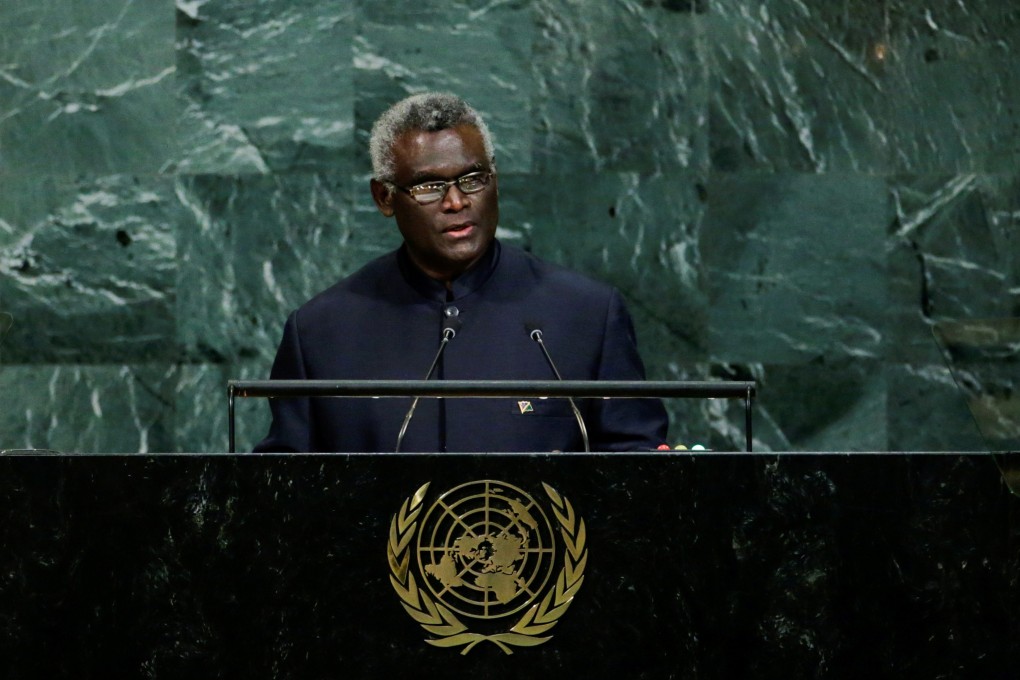Solomon Islands Prime Minister Manasseh Sogavare addresses the UN General Assembly in 2017. His grip on power could be tested if he leaves the country. Photo: Reuters