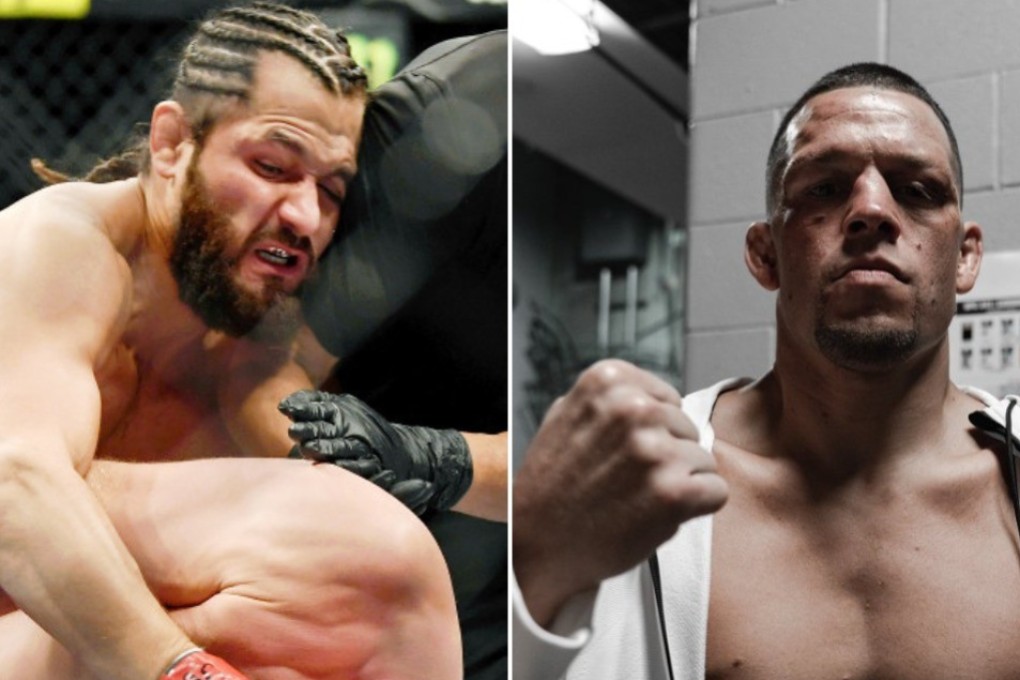 Jorge Masvidal punches a concussed Ben Askren (left). Nate Diaz poses after beating Anthony Pettis. Photo: USA TODAY Sports/Twitter