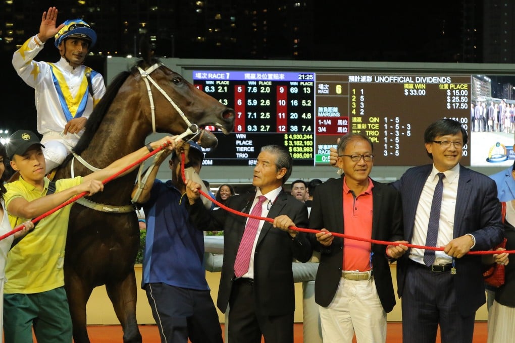 Hong Kong Bet celebrates a win on July 10 with co-owners, including Junius Ho (right). Photo: Kenneth Chan