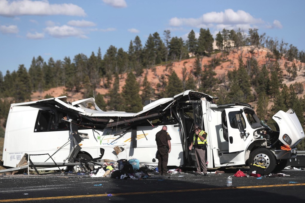 At least four people were killed when a tour bus carrying 30 Chinese visitors overturned on a Utah highway. Photo: AP