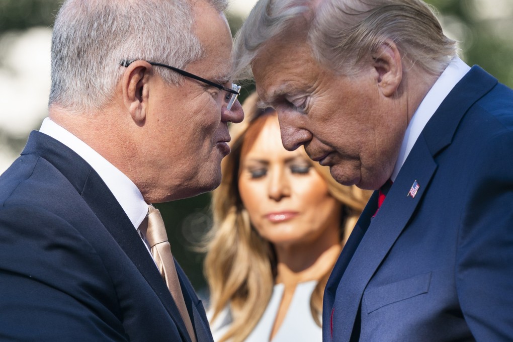 Australian Prime Minister Scott Morrison (left) speaks with US President Donald Trump during an arrival ceremony on the South Lawn of the White House on Friday. Photo: Bloomberg
