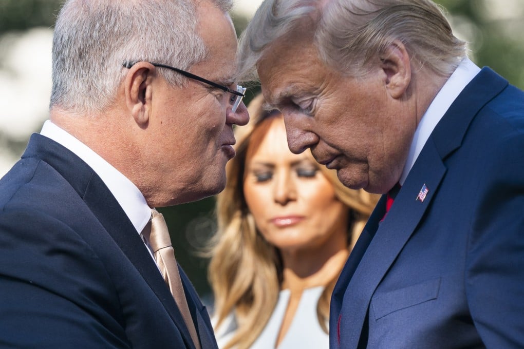 Australian Prime Minister Scott Morrison (left) speaks with US President Donald Trump during an arrival ceremony on the South Lawn of the White House on Friday. Photo: Bloomberg