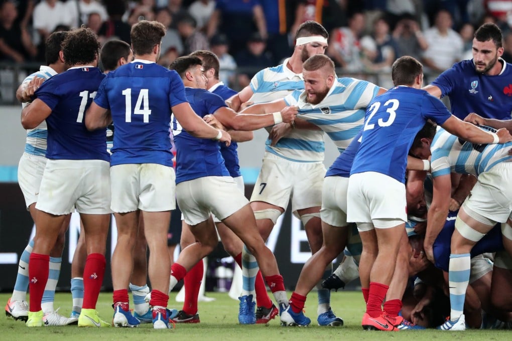 Players fight after the Rugby World Cup pool C match between France and Argentina at the Tokyo Stadium. Photo: AFP
